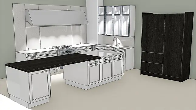Exklusive, elegante, weiße Hochglanz-Küche von SieMatic mit Insel + Virtinen + Bartheke