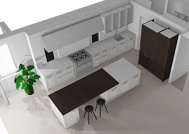Exklusive, elegante, weiße Hochglanz-Küche von SieMatic mit Insel + Virtinen + Bartheke