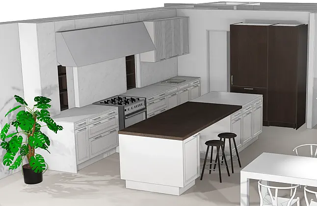 Exklusive, elegante, weiße Hochglanz-Küche von SieMatic mit Insel + Virtinen + Bartheke