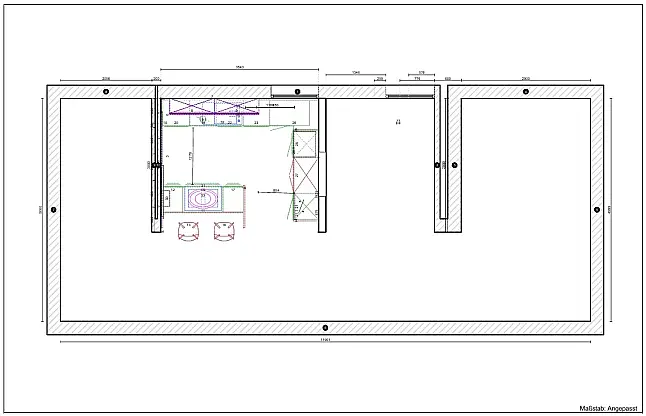 moderne Einbauküche in L-Form und Kochinsel