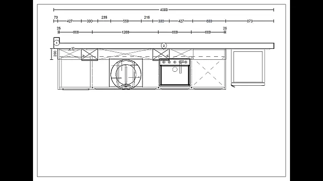 Loft- Küchenzeile in Betonoptik mit Applikation feuerrot/weiß/Holz