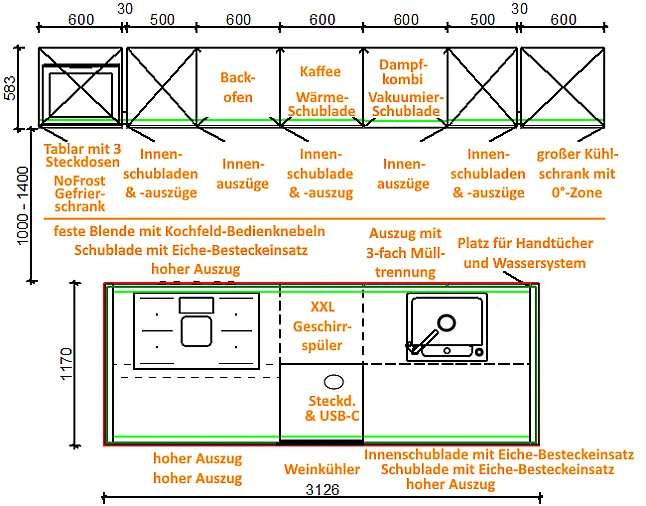 TOP-AKTUELLE HIGH-END GERÄTEAUSSTATTUNG VON GAGGENAU: Backofen mit 300°C -Backstein + separater Dampfbackofen (beide  mit Kerntemperatursensor) + Kaffeeautomat + Wärmeschublade + Vakuumierer! berbel Muldenlüfter mit Infinity-Kochfeld u. permalyt-Filter!