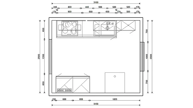 Küchenzeile mit Schrank u. Tisch
