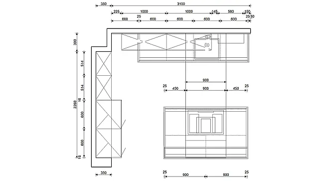 Küchenzeile mit Insel und Schrank