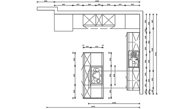 Küchenzeile mit Insel und Schrank