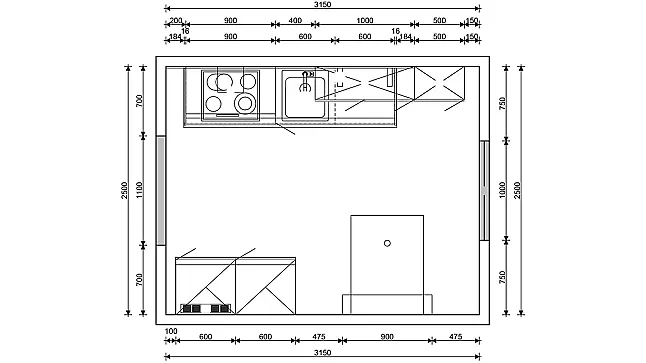Küchenleiste mit Schrank u. Tisch