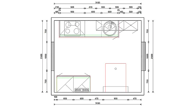 Küchenleiste mit Schrank u. Tisch