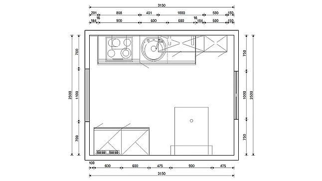 Küchenzeile mit Schrank u. Tisch