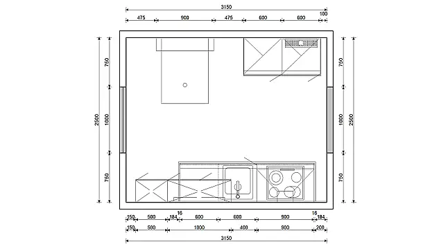 Küchenleiste mit Schrank u. Tisch