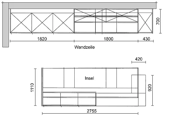 Moderne, elegante Einbauküche mit Wandzeile, Kochinsel, Baransatz und rückwertigem Sideboard, sowie Arbeitsplatte aus Corian-Mineralwerkstoff