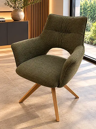 Esszimmer Set mit Tisch in Wildeiche geölt + 6 Stühle Stoff grün