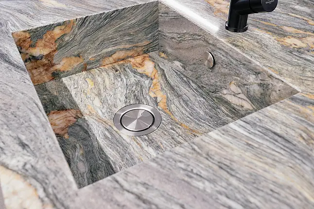 Designerküche Naturstein Fusion kombiniert mit Lack Matt