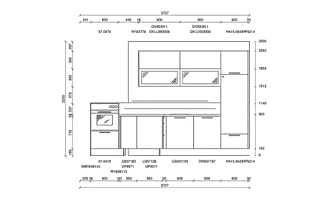 moderne Küche in T-Form mit Theke, schwarzem Siemens Backofen und Muldenlüfter aus satiniertem Glas