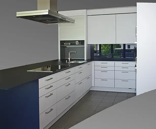 Kunststoff reinweiß, lackähnlich, matt und Glasoptik-Stufenkante, Arbeitsplatte Sicherheitsglas stahlblau, antiscratch-beschichtet