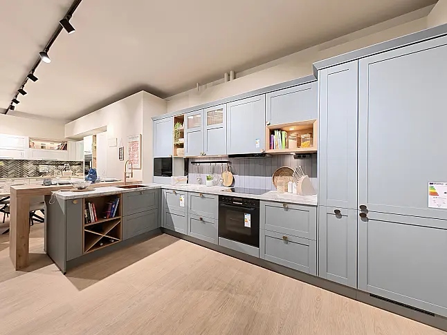 nobilia Frame Küche in Steinblau &amp; Eiche mit Naturstein, Kupfer-Spüle &amp; Bosch Geräten