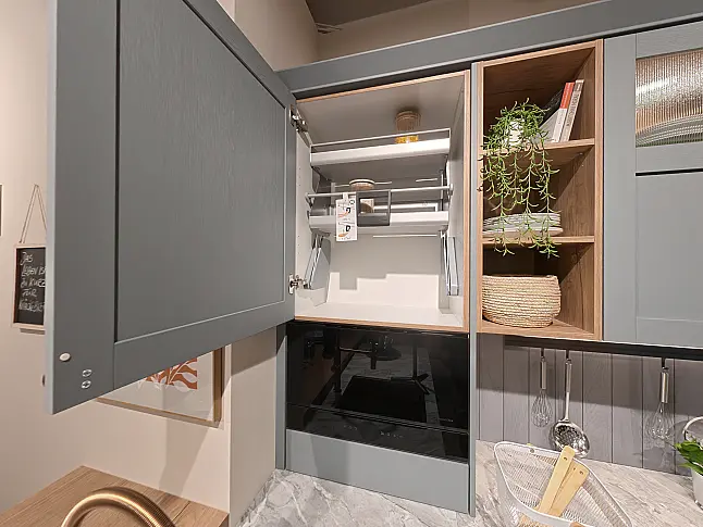 nobilia Frame Küche in Steinblau &amp; Eiche mit Naturstein, Kupfer-Spüle &amp; Bosch Geräten