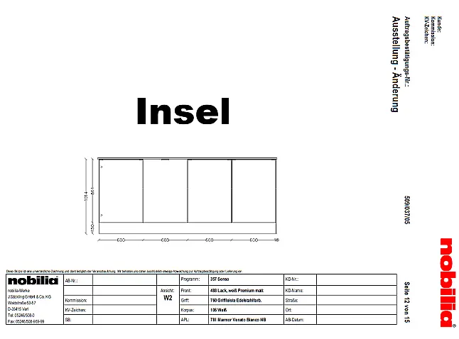 Insel mit Sitzplatz* SENSO Lack + Marmor Venato Bianco mit MIELE und BLANCO