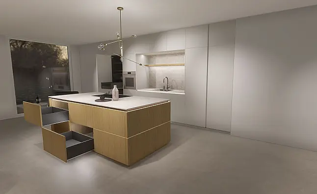 Designküche mit Insel und Nische inkl. Montage*, Rillenfront aus Echtholzfunier, Keramik von Neolith, Geräte von Miele &amp; Bora