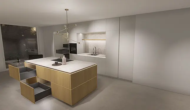 Designküche mit Nische und Insel inkl. Montage*, Furnierte Fronten, Keramik von Neolith, Geräte von Siemens