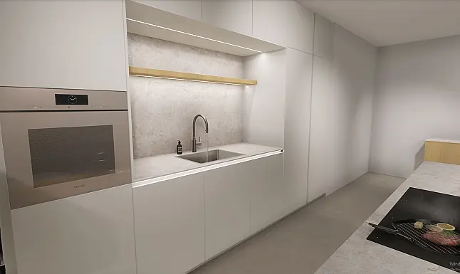 Designküche mit Insel und Nische inkl. Montage*, Rillenfront aus Echtholzfunier, Keramik von Neolith, Geräte von Miele &amp; Bora