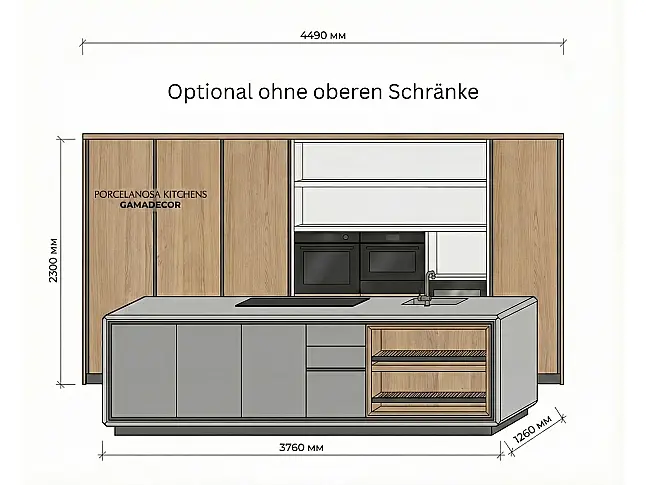 Traumhafte Gamadecor/Porcelanosa Musterküche mit großer Insel – modern in Holz &amp; Weiß. Ausstellungsküche zum Abverkauf - in Heinsberg.