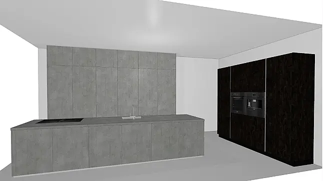 Moderne Inselküche in Beton nebelgrau NB und Flammeiche schwarz NB