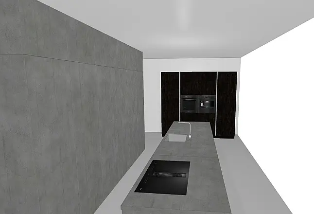 Moderne Inselküche in Beton nebelgrau NB und Flammeiche schwarz NB