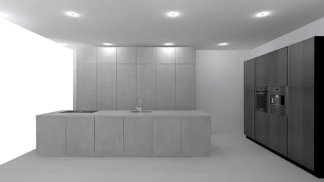 Moderne Inselküche in Beton nebelgrau NB und Flammeiche schwarz NB