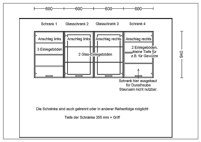 4 Hängeschränke  XL-Höhe 94 cm mit 2 Glastüren