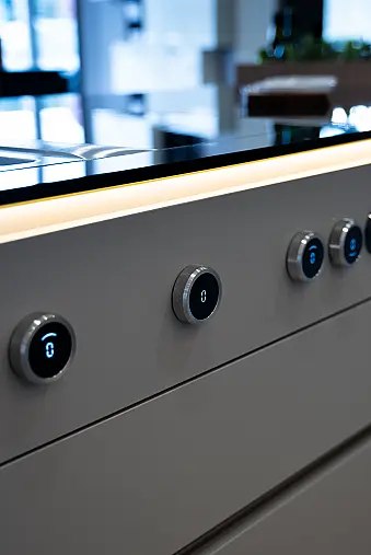 Musterküche perlgrau grifflos mit Feineiche natur und Quarzstein Arbeitsplatte in "Legend Black"