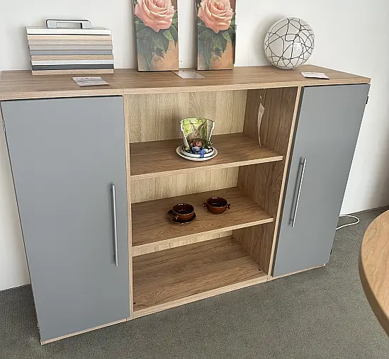 Highboard in Mittelgrau mit Hickory Eiche Dekor