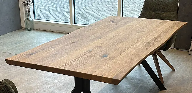 Esszimmer Set mit Tisch in Wildeiche geölt + 6 Stühle Stoff grün