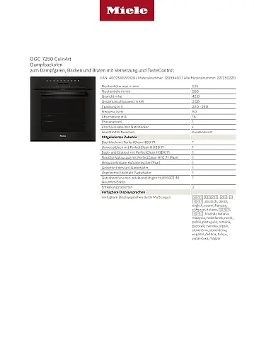 Miele DGC 7250 CulinArt Dampfbackofen | 76 L | A+