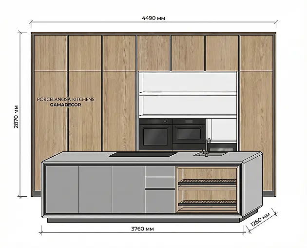 Traumhafte Gamadecor/Porcelanosa Musterküche mit großer Insel – modern in Holz &amp; Weiß. Ausstellungsküche zum Abverkauf - in Heinsberg.