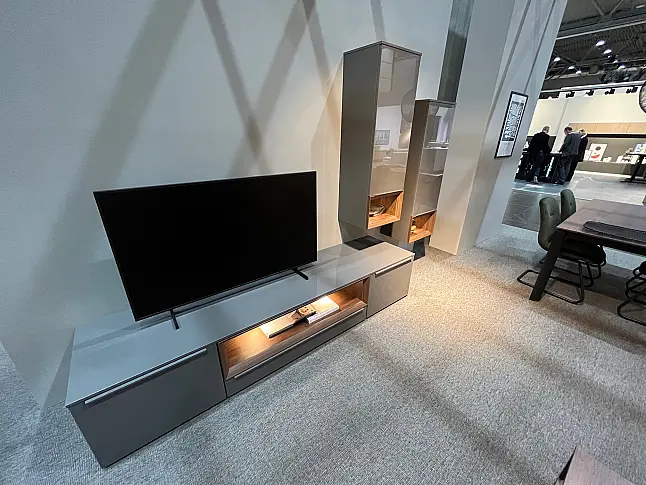 Exklusive Wohnwand / Wohnzimmerschrank - Messestück - Modern Hochglanz mit Holzakzenten - LED-Beleuchtung