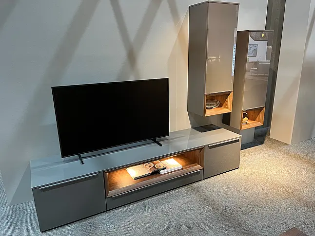Exklusive Wohnwand / Wohnzimmerschrank - Messestück - Modern Hochglanz mit Holzakzenten - LED-Beleuchtung