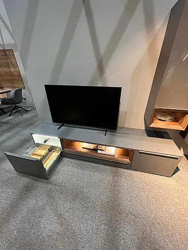 Exklusive Wohnwand / Wohnzimmerschrank - Messestück - Modern Hochglanz mit Holzakzenten - LED-Beleuchtung