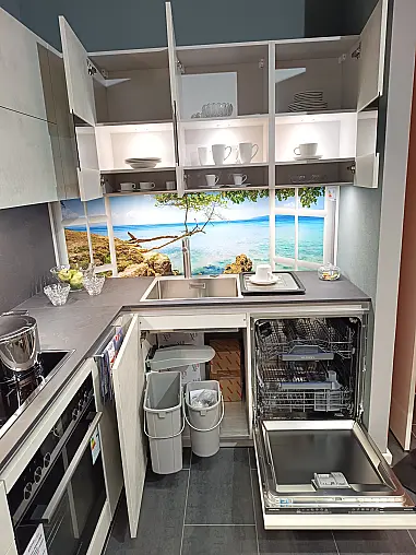 AVALON L-Küche Weißbeton Nachbildung grifflos mit Rückwand Karibik
