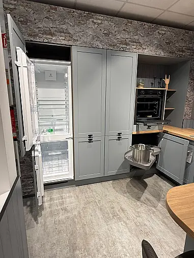 Landhausküche Frame Lacklaminat Steinblau/Eiche Honig Nachbildung inkl. Breakfastschränken zum Knallerpreis