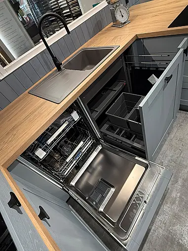 Landhausküche Frame Lacklaminat Steinblau/Eiche Honig Nachbildung inkl. Breakfastschränken zum Knallerpreis