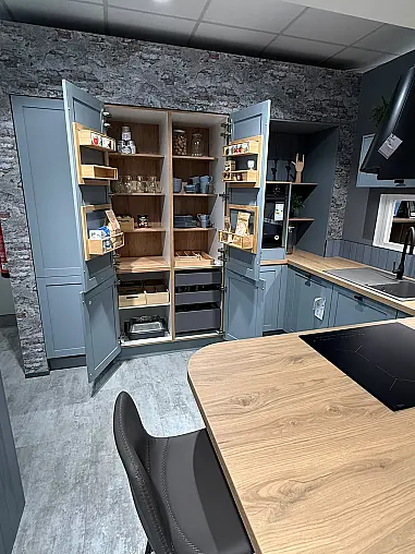 Landhausküche Frame Lacklaminat Steinblau/Eiche Honig Nachbildung inkl. Breakfastschränken zum Knallerpreis