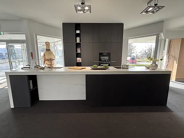 Küchenzeile mit Insel + Regal AV 2040 Feineiche-schwarz HK1244