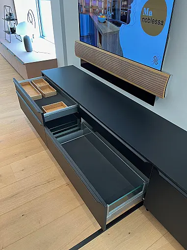 Exklusive Wohnwand / TV-Board / Anbauwand - Nischenrückwand Glas - SmartCube-Regale