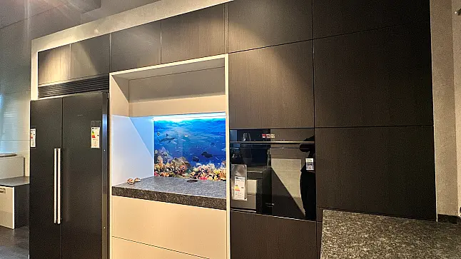 Moderne Inselküche in Lichtgrau mit Holzdekor