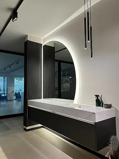 Designer-Badmöbel Set Nobilia Artis Titan + Silestone Calacatta Gold Waschtisch + Designerspiegel mit Bluetooth