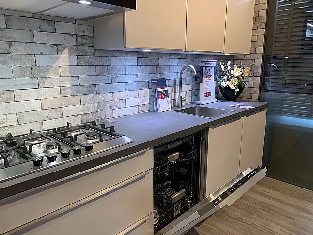 Moderne mat lichtgrijze rechte keuken met 5 inbouwapparaten