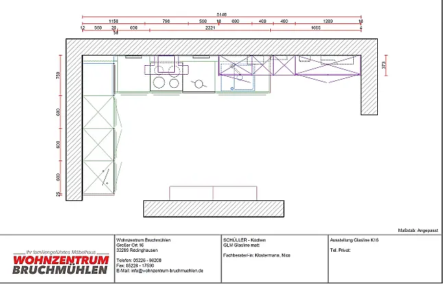 Echt-Glasfront L-Form mit Sitzplatz Modern