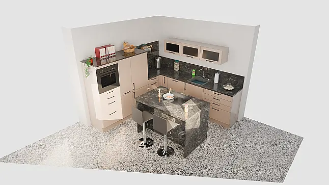 Moderne Küche mit Kochinsel und Muldenlüfter