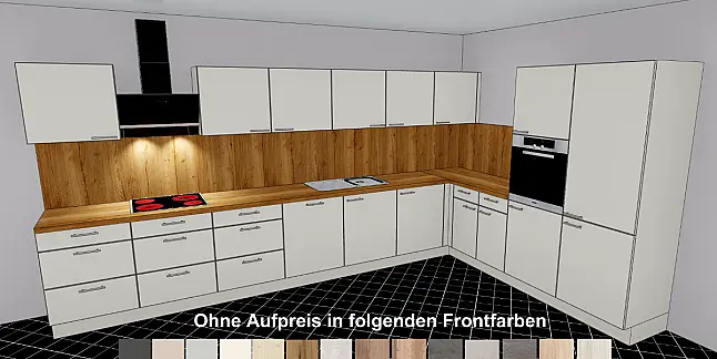 Moderne L-Küche mit Nischenrückwand in verschiedenen Frontfarben