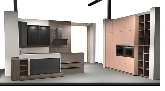 Einzigartige Messeküche / Küchen-Wohnzimmer-Kombination - Lackfront - XL-Schränke - Glas-Hängeschränke- viel LED-Beleuchtung